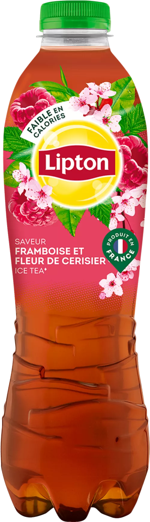 Une bouteille de 1,25 l de glace lipton framboise et fleurs de cerisier.