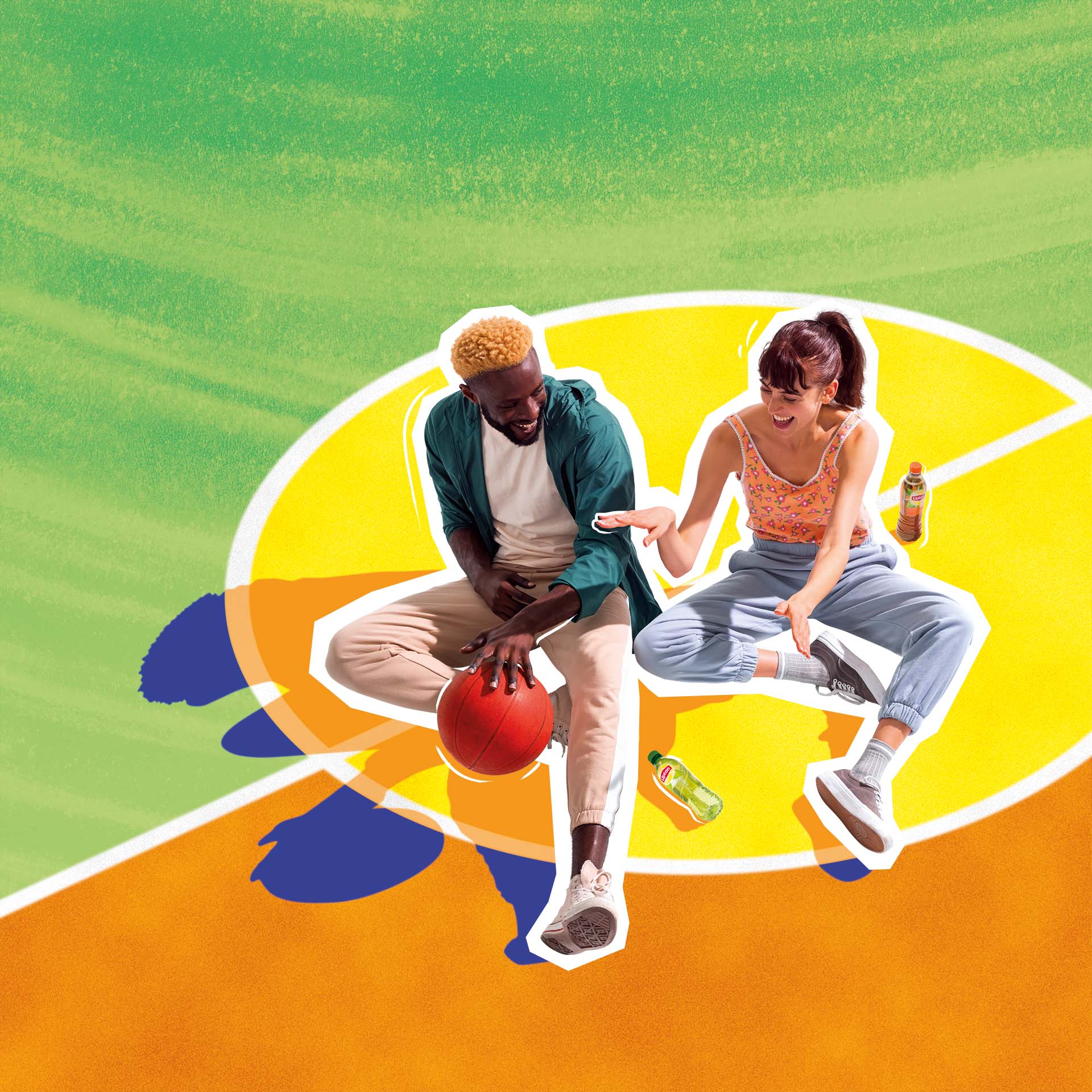 Two people sitting on the floor, with a basketball and two bottles of Lipton Iced Tea in front of a green, yellow and orange background.